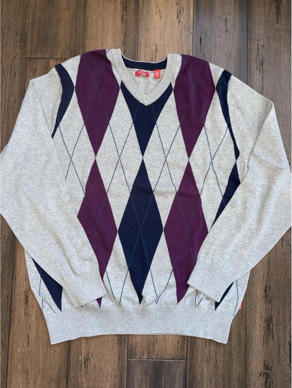 IZOD V Neck Dad Sweater Mens Size Large Maroon Gray Blue Argyle Classic Retro